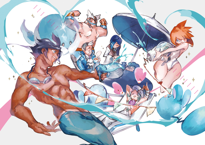 1girl, 5boys, azurill, back, black_hair, blue_hair, crasher_wake, cress_(pokemon)