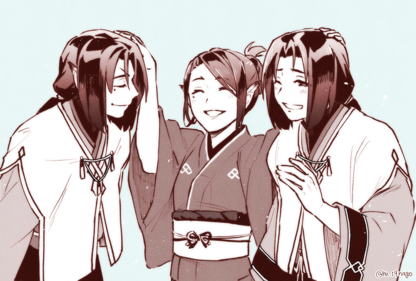 1girl, 2boys, age_difference, aquaplus, blush, closed_eyes, closed_mouth, family