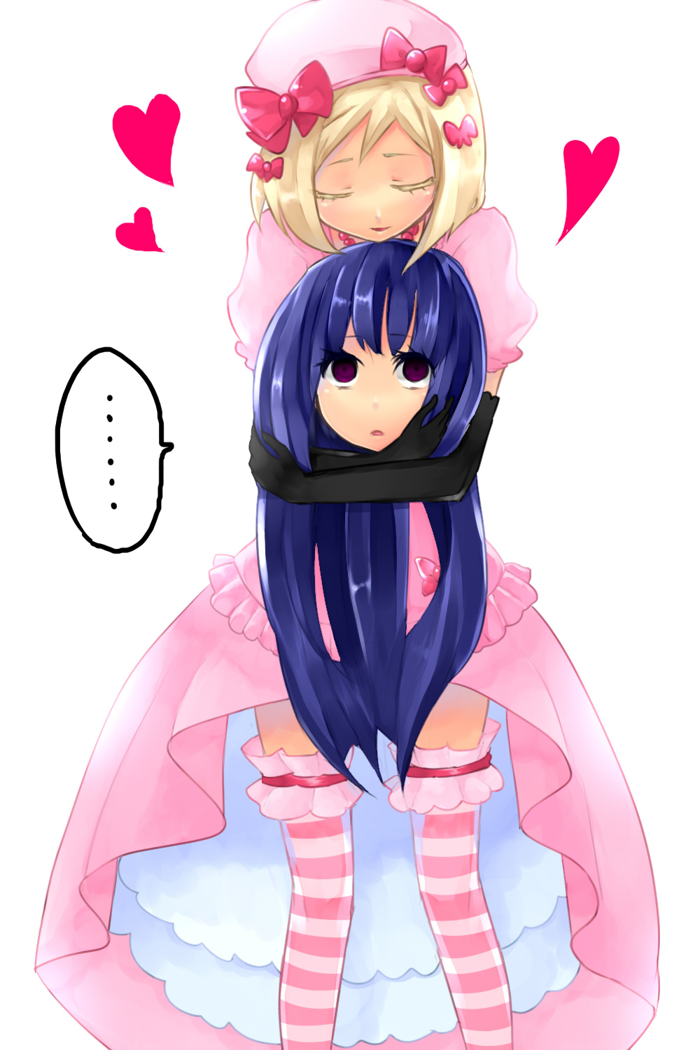00s, 2girls, blonde_hair, blue_hair, closed_eyes, dress, elbow_gloves, empty_eyes