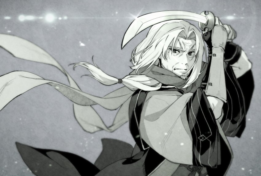 1boy, aquaplus, facial_hair, from_side, fugito, gauntlets, highres, holding