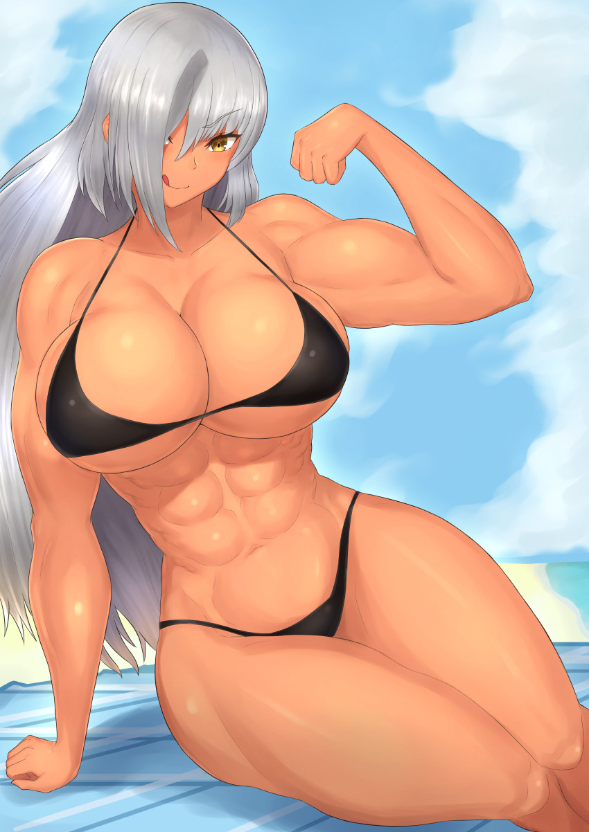 1girl, abs, absurdres, arm_support, beach, beach_towel, bikini, black_bikini