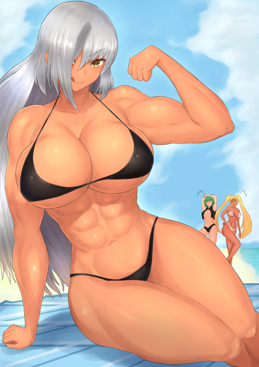 ^^^, abs, absurdres, arm_support, beach, beach_towel, bikini, black_bikini