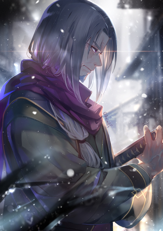 1boy, aquaplus, closed_mouth, dorimoif, facial_hair, from_side, fugito, grey_hair