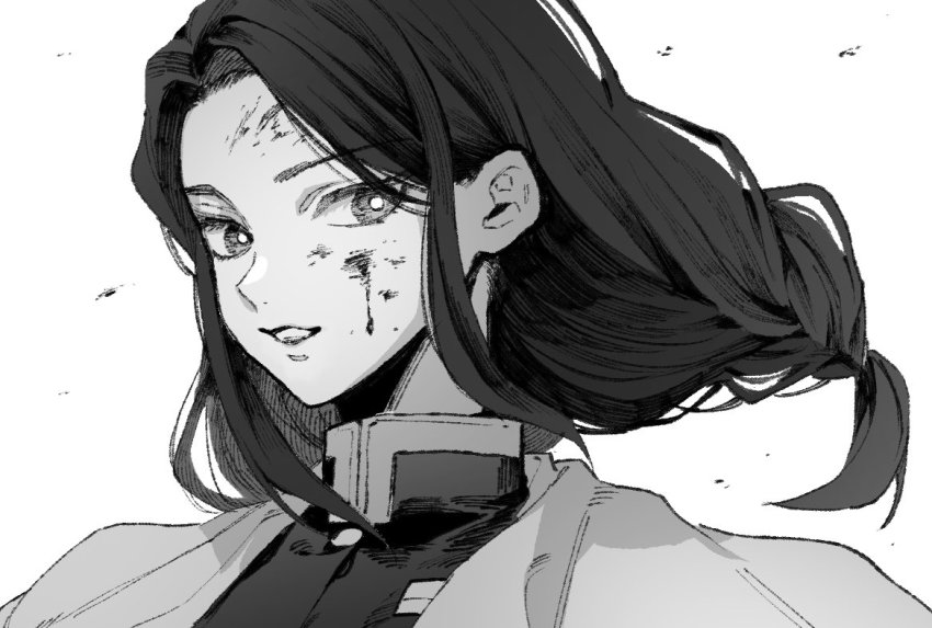 1girl, alternate_costume, blood, blood_on_face, cape, greyscale, kimetsu_no_yaiba, long_hair, looking_to_the_side, low-tied_long_hair, maki_keigo, monochrome, parted_lips, rengoku_ruka, sidelocks, simple_background, solo, upper_body