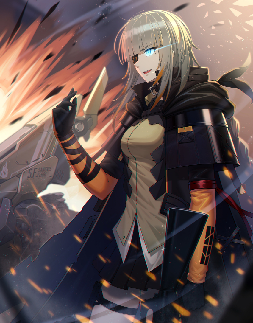 1girl, absurdres, arm_ribbon, assault_rifle, beige_shirt, blue_eyes, braid, braided_ponytail