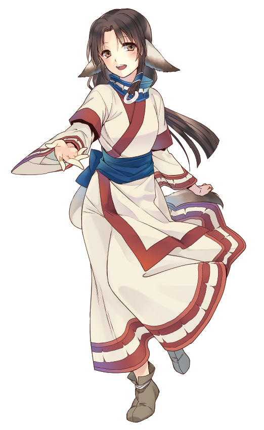 1girl, ainu_clothes, animal_ears, aquaplus, blush, boots, breasts, brown_eyes, brown_hair, dress, eruruu, full_body, hair_between_eyes, hair_ornament, kosakichiii, layered_dress, layered_sleeves, long_hair, long_sleeves, medium_breasts, open_mouth, raised_eyebrows, sidelocks, solo, tail, teeth, tongue, utawarerumono, very_long_hair