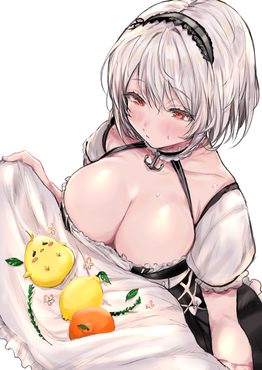 1girl, absurdres, anchor_choker, apple, apron, apron_lift, azur_lane, black_choker