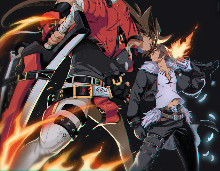 2boys, battle, belt, blue_eyes, brown_hair, crossover, farronhart, fighting, final_fantasy, final_fantasy_viii, fingerless_gloves, fireseal, gloves, guilty_gear, guilty_gear_strive, gunblade, headband, highres, holding, holding_sword, holding_weapon, jacket, jewelry, long_hair, midriff_peek, multiple_boys, muscular, muscular_male, necklace, outrage_mk_ii, over_shoulder, pectorals, ponytail, scar, short_hair, sleeveless_duster, sol_badguy, spiked_hair, squall_leonhart, sword, sword_over_shoulder, thighs, weapon, weapon_over_shoulder, yellow_eyes