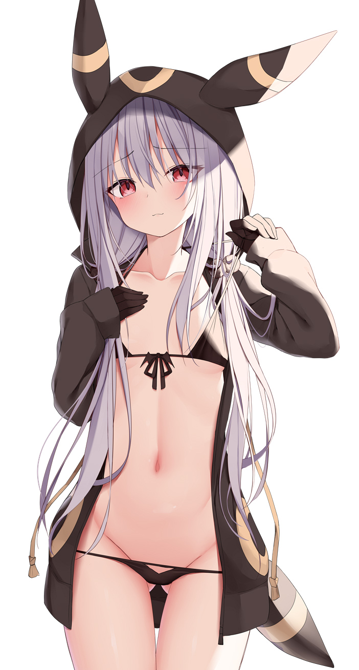 1girl, animal_ears, bikini, blush, breasts, closed_mouth, collarbone, commentary_request