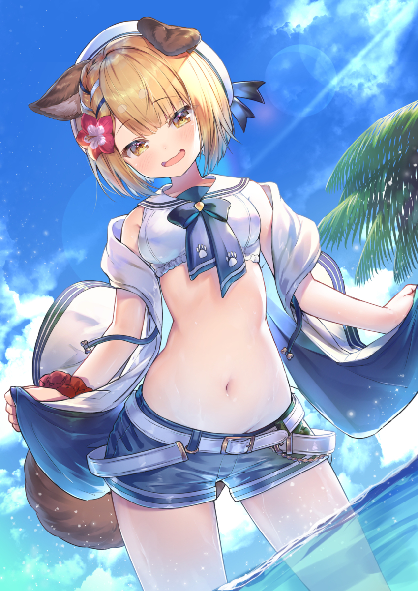 1girl, animal_ears, belt, blonde_hair, blue_shorts, crop_top, dog_ears, dog_girl