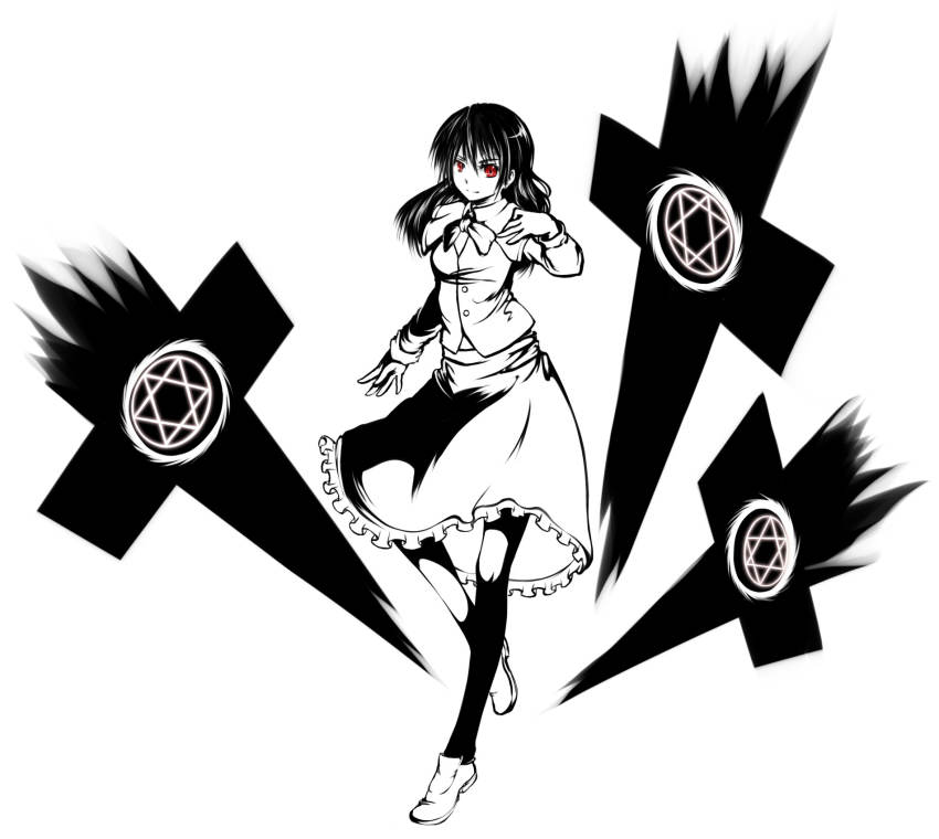 1girl, blouse, cross, female_focus, greyscale, highres, monochrome, okazaki, okazaki_yumemi, red_eyes, ribbon, shirt, skirt, smirk, solo, spot_color, touhou, touhou_(pc-98), vest, yumemi