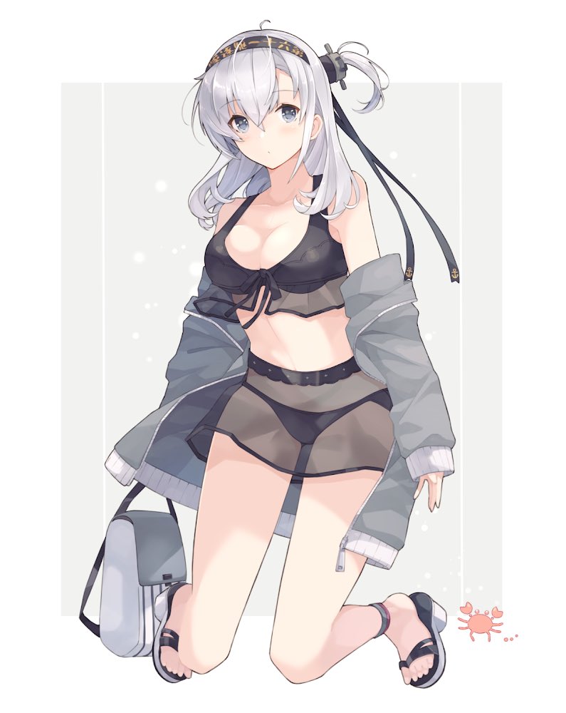 1girl, barefoot, bikini, black_bikini, black_headband, blush, clothes_writing, crab