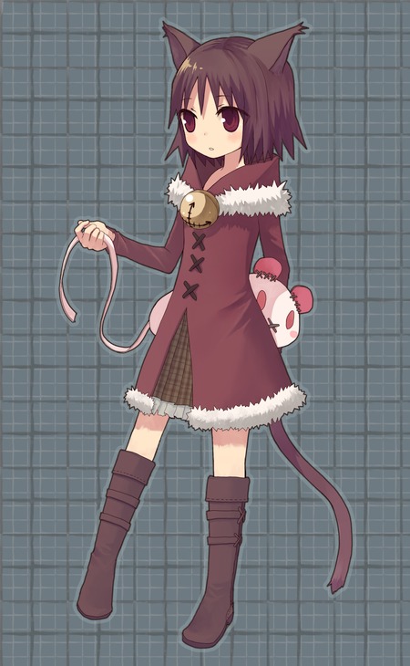 animal_ears, bell, black_hair, boots, cat_ears, cat_tail, doll, dress