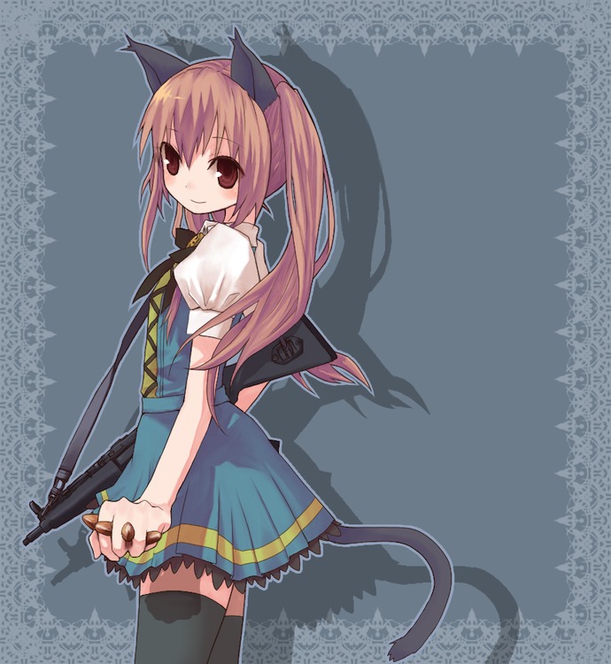 animal_ears, brown_eyes, brown_hair, bullet, cat_ears, cat_tail, dress, gun