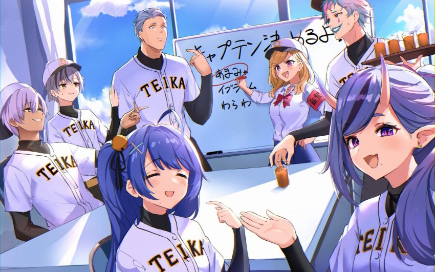 3girls, 4boys, =_=, amamiya_kokoro, armband, baseball_uniform, bell, black_hair