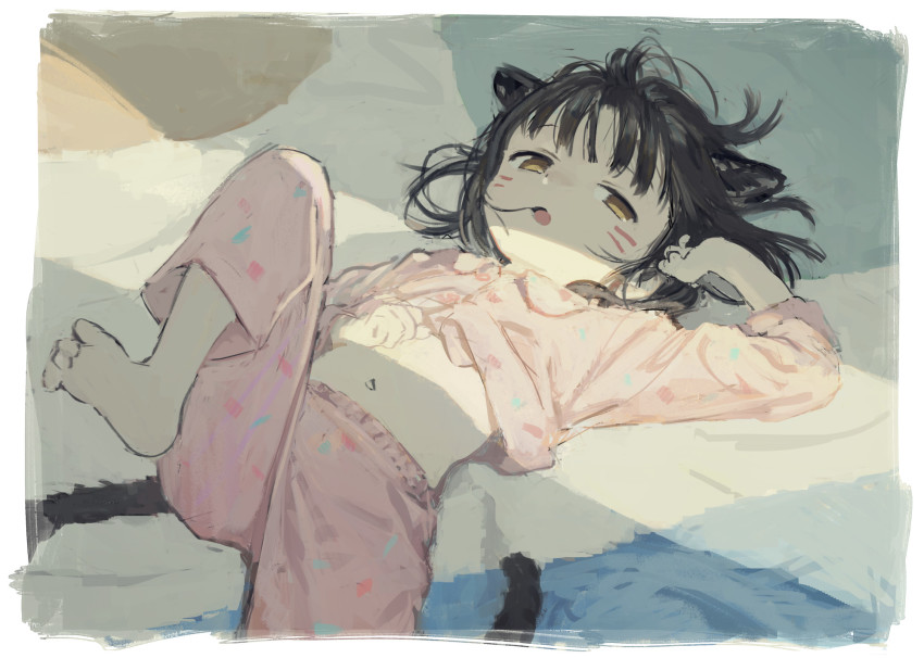 1girl, animal_ears, barefoot, black_hair, brown_eyes, cat_ears, cat_tail, child, facial_mark, feet, female_focus, highres, leg_lift, lying, navel, on_back, on_bed, original, pajamas, pink_pajamas, short_hair, solo, tail, todoroki_masaru, whisker_markings