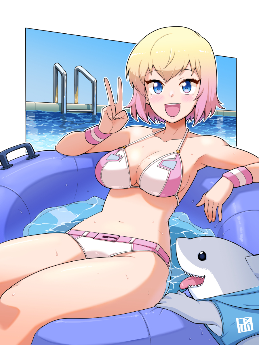 1girl, alternate_costume, animification, bikini, blonde_hair, blue_eyes, blush, border