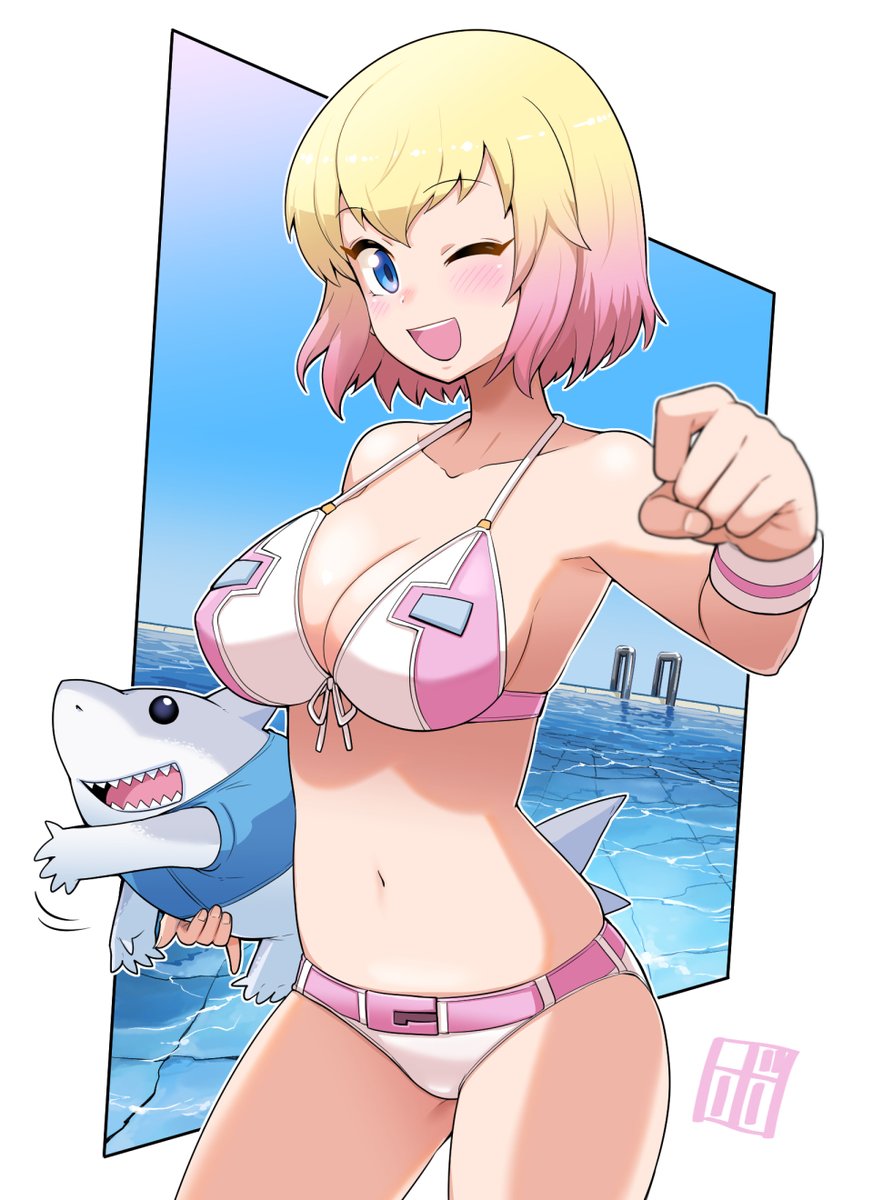 1girl, alternate_costume, animification, bikini, blonde_hair, blue_eyes, border, bowieknife