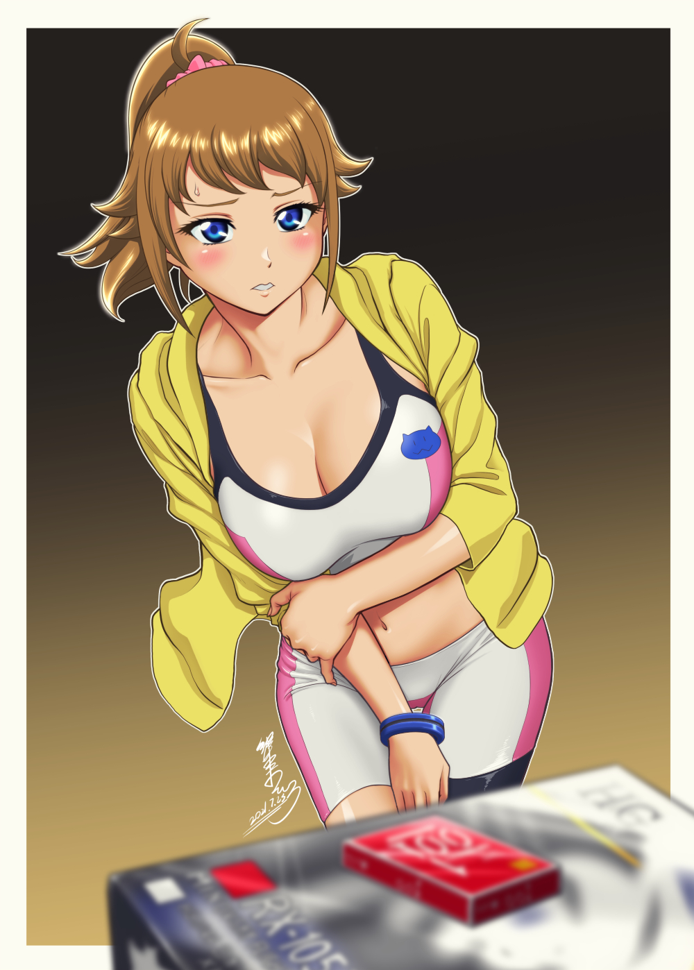 1girl, arm_under_breasts, bike_shorts, black_background, blue_eyes, blurry, blurry_foreground, blush, bracelet, breasts, brown_hair, cleavage, collarbone, commentary_request, condom_box, cowboy_shot, dated, gradient_background, gundam, gundam_build_fighters, gundam_build_fighters_try, gunpla, hand_on_own_arm, highres, hood, hooded_jacket, hoshino_fumina, jacket, jewelry, kijinaka_mahiro, large_breasts, leaning_to_the_side, looking_at_object, medium_hair, midriff, model_kit, navel, okamoto_condoms, open_clothes, open_jacket, outline, parted_lips, partial_commentary, ponytail, scrunchie, shorts, sidelocks, signature, simple_background, solo, sports_bra, standing, sweat, thigh_gap, two-tone_sports_bra, white_shorts, white_sports_bra, yellow_background, yellow_jacket