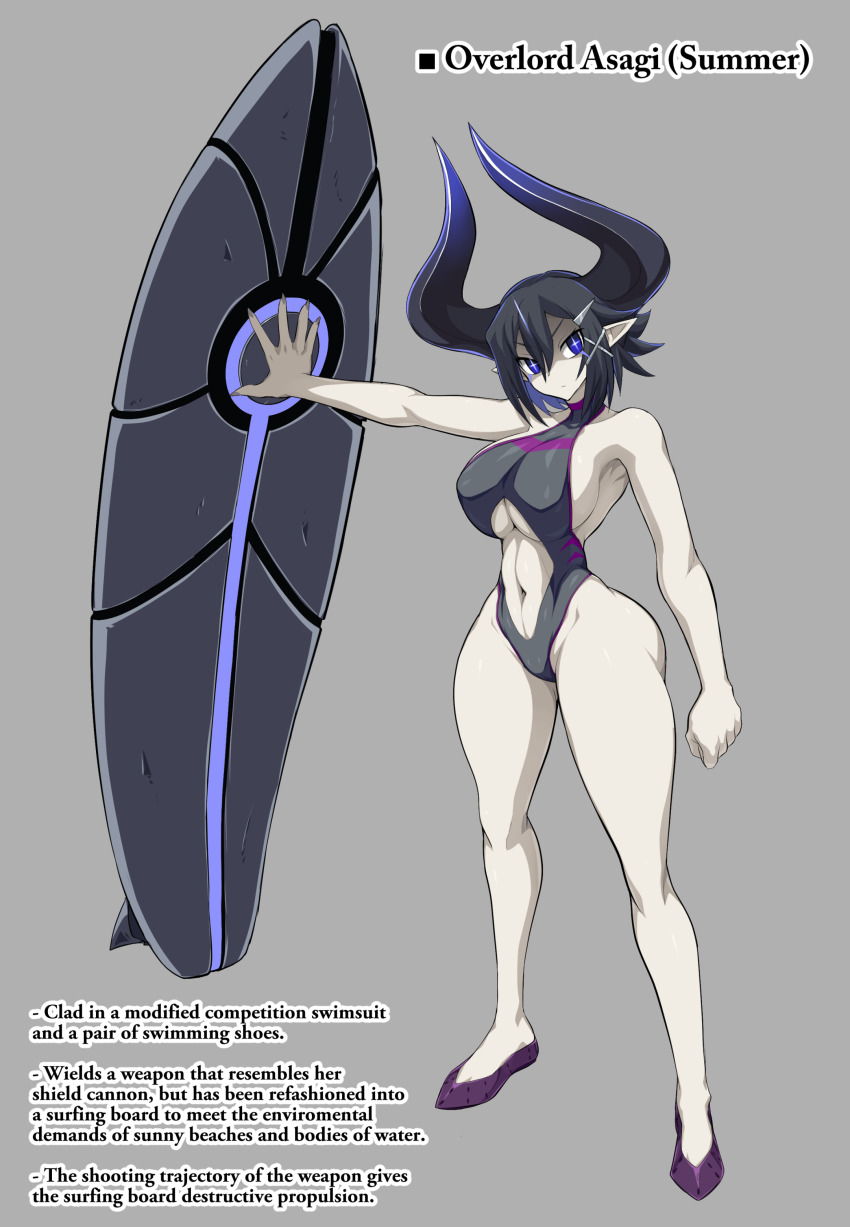 1girl, absurdres, alternate_costume, asagiri_asagi, big_horns, black_hair, blue_eyes, breasts, clenched_hand, demon, disgaea, female_focus, full_body, gradient_horns, hair_ornament, hairclip, highres, horns, huge_breasts, jadf, multicolored_horns, overlord_asagi, parody, pointy_ears, shield_cannon, simple_background, solo_focus, standing, surfboard, swimming_shoes, swimsuit