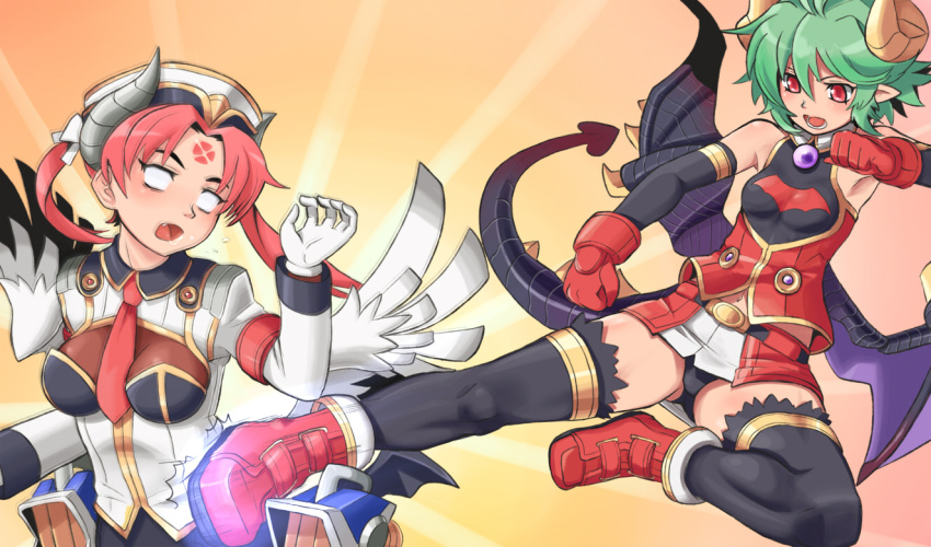 2girls, cloche_(shinrabanshou), demon_tail, gloves, green_hair, hat, horns, kicking