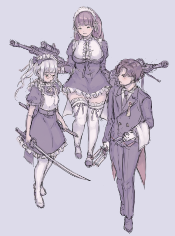 1boy, 2girls, andressina, anti-materiel_rifle, barrett_m82, breasts, brown_hair, butler