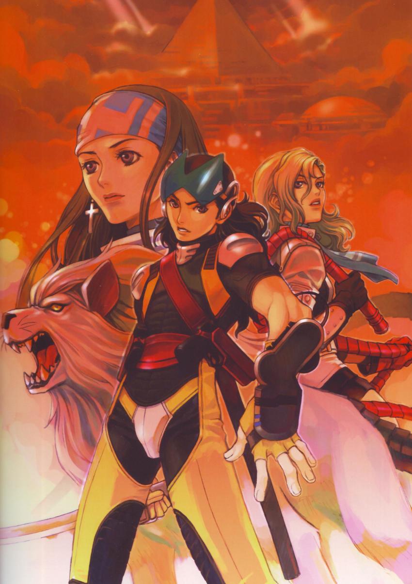 1boy, 2girls, absurdres, aleph_(megami_tensei), armor, beth_(megami_tensei), black_hair, blonde_hair, cerberus_(megami_tensei), cloud, cross, cross_earrings, cyberpunk, demon_(megami_tensei), earrings, fingerless_gloves, gloves, gun, hair_pulled_back, handgun, highres, hiroko_(megami_tensei), holding, holding_sword, holding_weapon, holster, holstered, iwasaki_minako, jewelry, looking_at_viewer, multiple_girls, parted_lips, pyramid_(structure), scan, shin_megami_tensei, shin_megami_tensei_ii, sword, third-party_source, visor, weapon, whip, wrist_computer