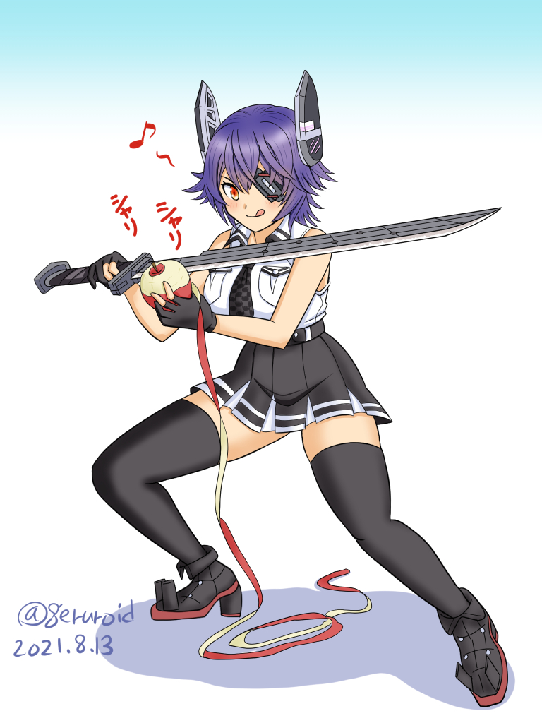 1girl, apple, apple_peel, black_gloves, black_skirt, black_thighhighs, breasts, checkered_clothes