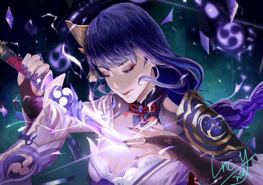 1girl, armor, breasts, bridal_gauntlets, cleavage, closed_eyes, closed_mouth, commentary_request