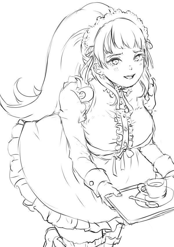 andressina, coffee, destiny_child, hildr_(destiny_child), long_hair, maid, maid_headdress, monochrome