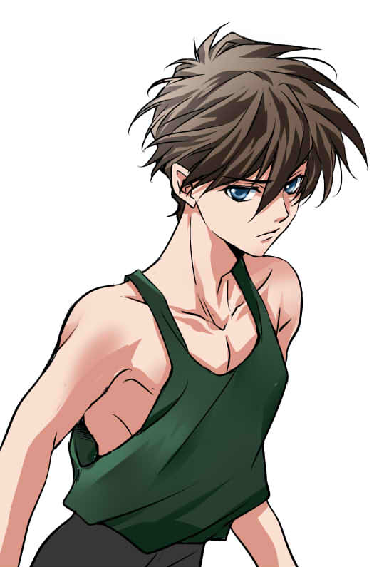 1boy, blue_eyes, brown_hair, collarbone, expressionless, green_shirt, gundam, gundam_wing