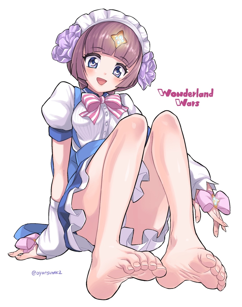 absurdres, bare_legs, barefoot, blue_eyes, bob_cut, brown_hair, coppelia_(wonderland_wars), detached_sleeves, dress, feet, flower, foot_focus, foreshortening, frills, hair_flower, hair_ornament, highres, maid_headdress, oyatsu_(mk2), ribbon, short_hair, simple_background, sitting, smile, toenails, toes, white_background, wonderland_wars