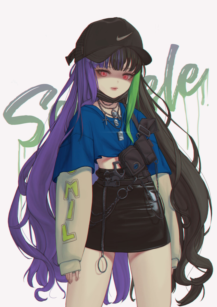 baseball_cap, black_hair, destiny_child, green_highlight, hat, highres, lee_jorim, long_hair