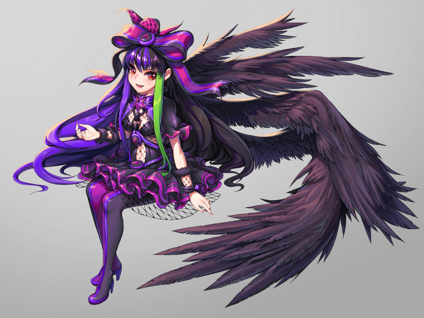 1girl, black_hair, black_wings, bow, destiny_child, dress, fangs, female_focus, frilled_dress, frills, green_highlight, grey_background, hair_ribbon, highres, looking_at_viewer, multicolored_hair, pink_bow, purple_hair, red_eyes, ribbon, semele_(destiny_child), wings, yong_jin_jeon