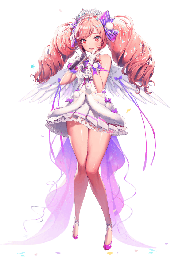 bare_shoulders, destiny_child, dress, hair_ornament, hair_ribbon, mars_(destiny_child), microphone, pleated_dress