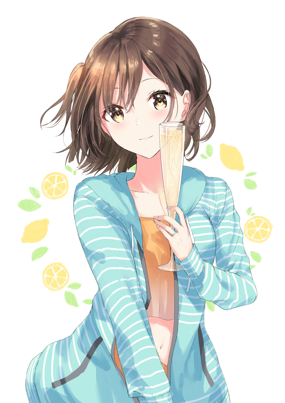 1girl, alcohol, blue_jacket, brown_eyes, brown_hair, closed_mouth, collarbone, cup