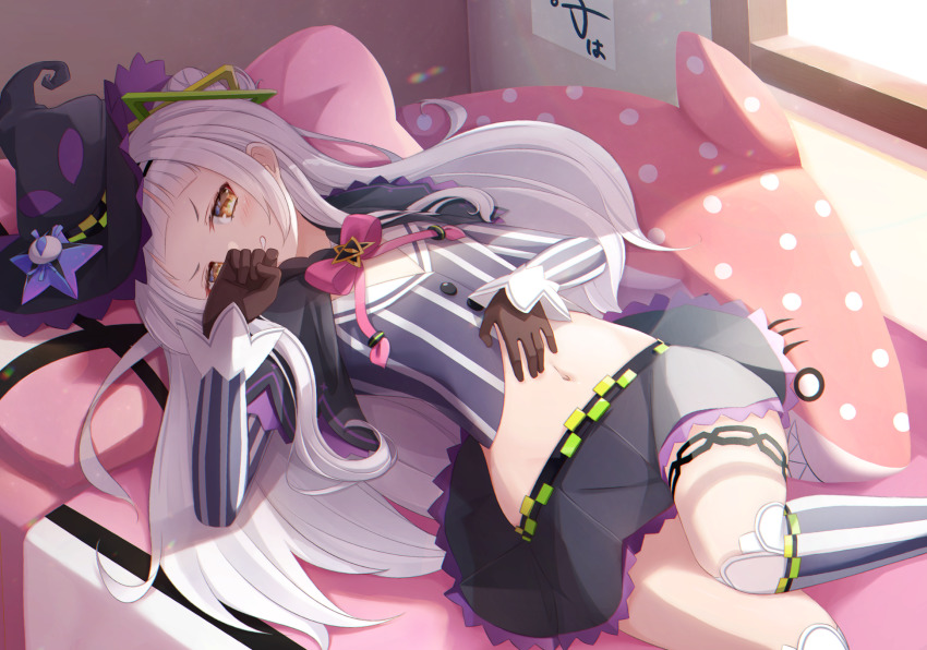 1girl, black_hat, black_skirt, blush, brown_eyes, brown_gloves, commentary_request, cone_hair_bun, crop_top, feet_out_of_frame, gloves, grey_shirt, hair_bun, hat, highres, hololive, hot_kakigoori, indoors, kneehighs, long_hair, long_sleeves, looking_at_viewer, lying, midriff, murasaki_shion, murasaki_shion_(1st_costume), navel, on_back, on_bed, parted_lips, polka_dot, shirt, skirt, sleeves_past_wrists, smile, socks, solo, striped_clothes, striped_shirt, striped_socks, v-shaped_eyebrows, vertical-striped_clothes, vertical-striped_shirt, vertical-striped_socks, very_long_hair, virtual_youtuber, white_hair, witch_hat