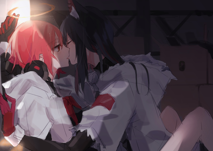2girls, absurdres, animal_ear_fluff, animal_ears, arknights, bad_id, bad_pixiv_id, bare_legs, black_hair, black_sleeves, blush, bow, bowtie, box, closed_eyes, commentary, exusiai_(arknights), exusiai_(city_rider)_(arknights), gloves, halo, headphones, highres, hood, hood_down, hooded_jacket, indoors, jacket, kiss, light_particles, long_hair, looking_at_another, matsuzaka_(matsuzakagyu_29), multiple_girls, official_alternate_costume, red_eyes, red_gloves, red_hair, red_neckwear, short_hair, texas_(arknights), texas_(winter_messenger)_(arknights), white_jacket, wolf_ears, yuri