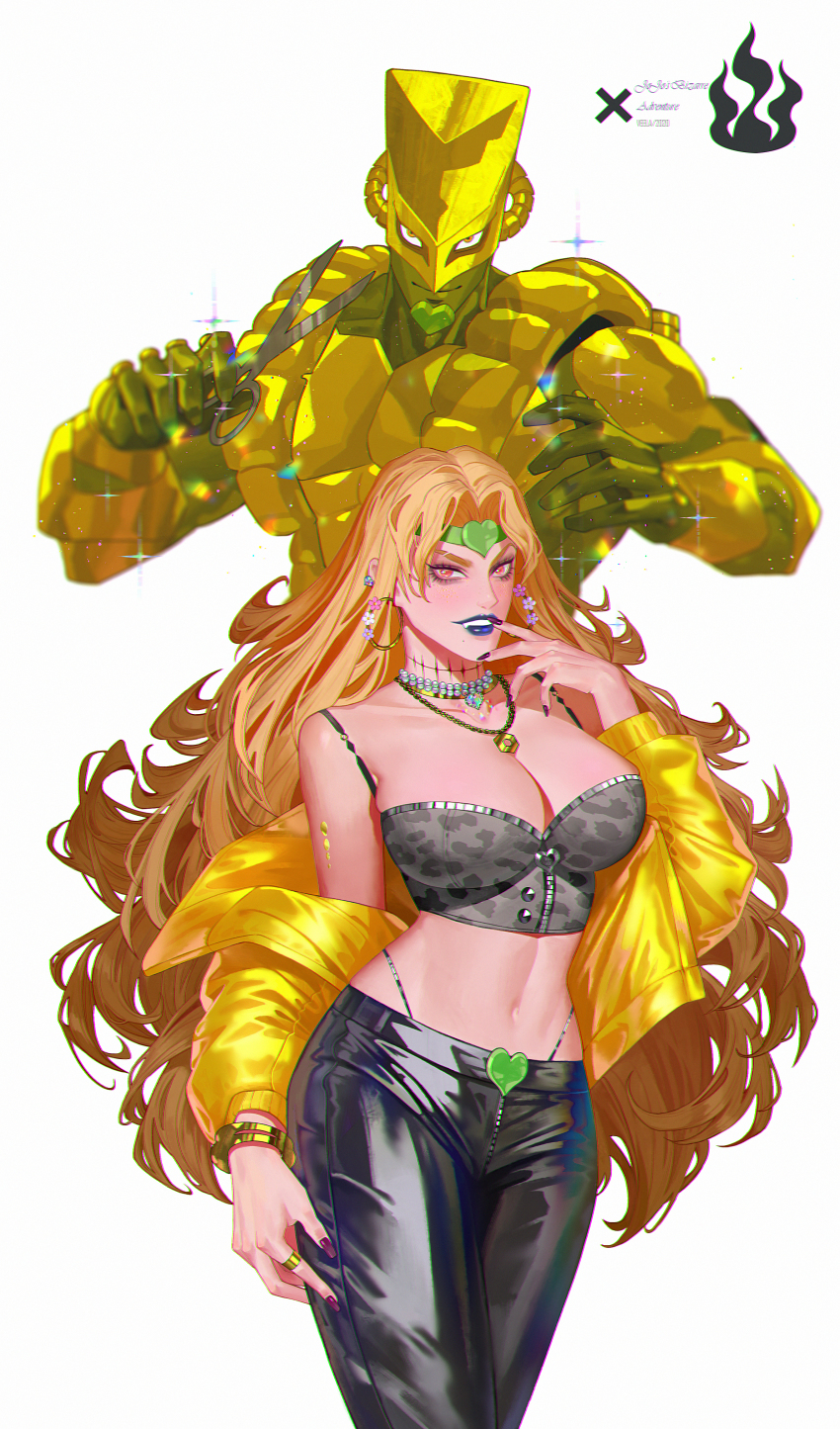 1girl, absurdres, animal_print, black_pants, blonde_hair, blue_lips, bracelet, breasts, bustier, collarbone, dio_brando, earrings, fang, gem, genderswap, genderswap_(mtf), headband, heart, highres, holding, holding_scissors, hoop_earrings, huge_filesize, jacket, jacket_partially_removed, jewelry, jojo_no_kimyou_na_bouken, large_breasts, latex, latex_pants, long_hair, long_sleeves, looking_at_viewer, necklace, pants, parted_lips, pearl_necklace, scar, scar_on_neck, scissors, simple_background, sparkle, stardust_crusaders, the_world_(stand), vampire, veela, very_long_hair, yellow_jacket