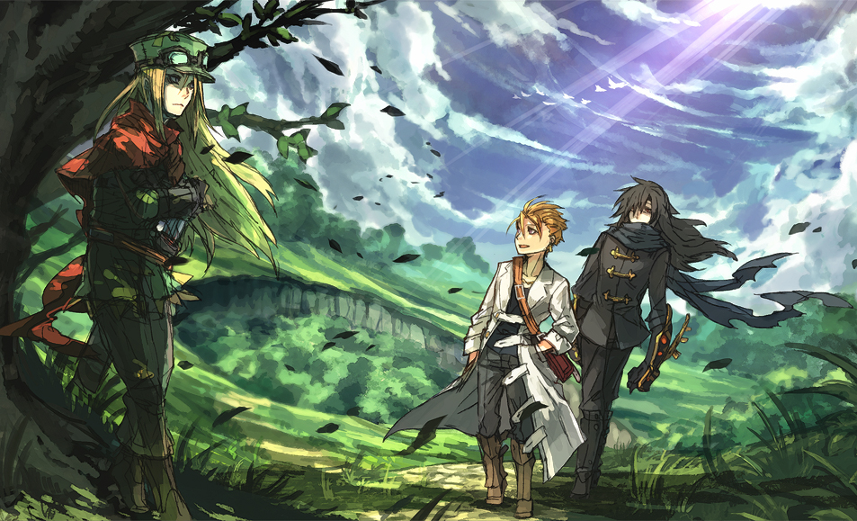 3boys, alchemist_(sekaiju), alchemist_1_(sekaiju), bag, black_footwear, black_hair, blonde_hair, blood