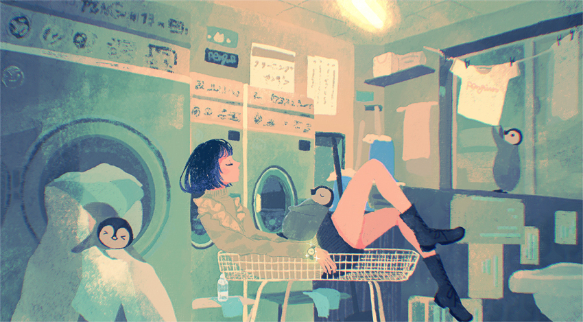 1girl, baby_animal, bird, black_boots, black_hair, black_skirt, boots, bottle