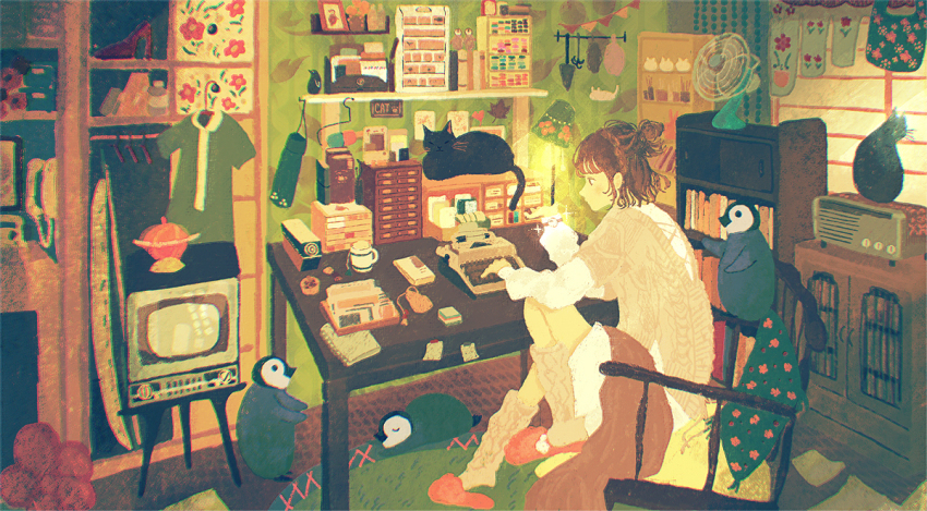 1girl, baby_animal, bird, black_cat, blush, brown_hair, cat, chair