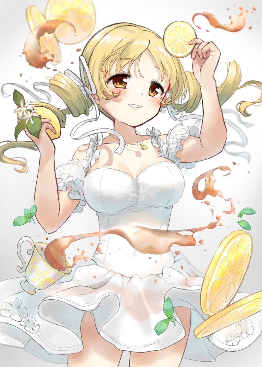 1girl, alternate_costume, asukaru_(magika_ru), bare_shoulders, blonde_hair, blush, breasts, cleavage