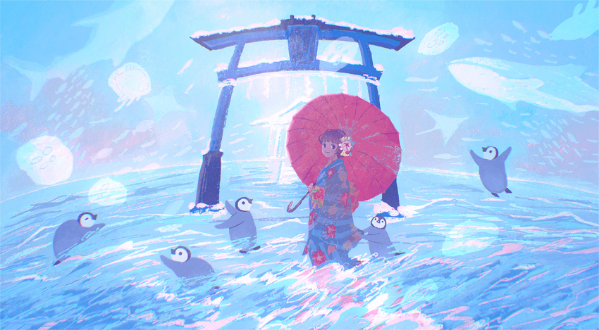 1girl, baby_animal, bird, fish, flower, hair_flower, hair_ornament, holding