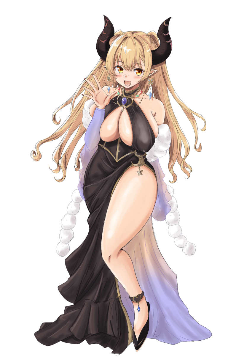 1girl, absurdres, alba_(granblue_fantasy), anklet, bare_shoulders, black_dress, black_footwear, blonde_hair, blush, breasts, chan_(akuty_ikkot), draph, dress, earrings, full_body, granblue_fantasy, hand_up, highres, horns, jewelry, large_breasts, long_hair, looking_at_viewer, open_mouth, pointy_ears, sideboob, simple_background, smile, solo, thighs, waving, white_background