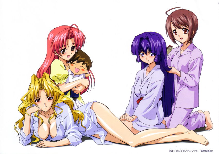 00s, 4girls, ahoge, arm_support, barefoot, blonde_hair, blue_hair, blush