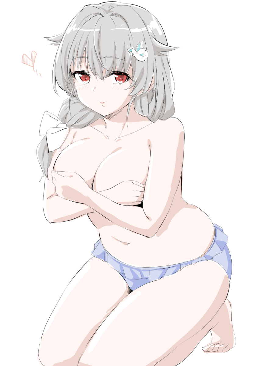 1girl, bikini, bikini_bottom_only, black_hair, breasts, cleavage, collarbone, covering_breasts