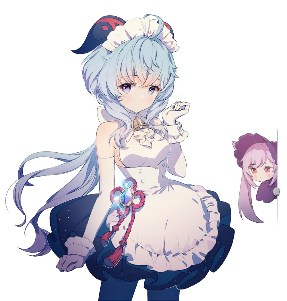 2girls, ahoge, alternate_costume, apron, bell, blue_hair, blue_legwear, blue_skirt, blush, bonnet, breasts, closed_mouth, commentary, cowbell, cowboy_shot, elbow_gloves, enmaided, expressionless, flower_knot, frilled_skirt, frills, ganyu_(genshin_impact), genshin_impact, glint, gloves, goat_horns, hair_between_eyes, horns, keqing_(genshin_impact), leotard, light_blue_hair, long_hair, looking_at_another, looking_at_viewer, maid, maid_apron, maid_headdress, medium_breasts, multiple_girls, neck_bell, pantyhose, peeking_out, purple_eyes, purple_hair, red_eyes, rumi_(rarumi11), sideboob, simple_background, skirt, vision_(genshin_impact), wall, white_background, white_gloves, white_leotard, white_neckwear, wrist_cuffs