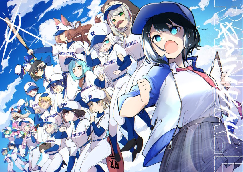 1other, 3boys, 6+girls, alternate_costume, animal_ears, ars_almal, azuchi_momo, baseball, baseball_bat, baseball_cap, baseball_jersey, baseball_uniform, belt, black_footwear, black_hair, blonde_hair, blue_eyes, blue_legwear, blue_skirt, box, braid, brown_hair, clothes_writing, cloud, emma_august, english_text, facial_hair, fox_ears, fox_girl, fox_tail, fumi_(nijisanji), gaon_(nijisanji), glasses, green_eyes, green_hair, gundou_mirei, hat, highres, jersey, jikkyou_powerful_pro_yakyuu, kanai_608, kanda_shouichi, kitakoji_hisui, long_hair, long_sleeves, masked_ichikara, miyu_ottavia, moira_(nijisanji), multicolored_hair, multiple_boys, multiple_girls, mustache, nagao_kei, necktie, nijisanji, nijisanji_en, nijisanji_id, nijisanji_kr, official_alternate_costume, onomachi_haruka, otter_costume, pants, paper, petra_gurin, pink_hair, pink_neckwear, ponytail, purple_hair, red_eyes, school_uniform, seto_miyako, shoes, short_hair, short_sleeves, sister_claire, skirt, sky, socks, sorahoshi_kirame, sportswear, sukoya_kana, sunlight, sweater, tail, turtleneck, twintails, two-tone_hair, virtual_youtuber, white_hair, white_pants, yang_nari