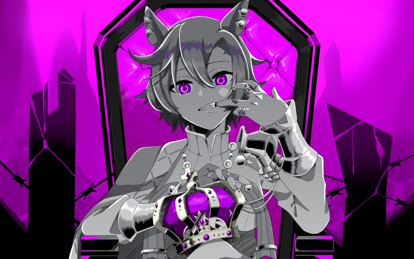 1girl, ainoshima_ringo, animal_ears, armor, biting, biting_finger, cross, crown, ear_piercing, hair_between_eyes, highres, holding, holding_crown, horse_ears, horse_girl, itting, jewelry, king_(vocaloid), mouth_pull, on_throne, pauldrons, piercing, purple_background, purple_eyes, ring, short_hair, shoulder_armor, single_pauldron, solo, t.m._opera_o_(o_sole_suo!)_(umamusume), t.m._opera_o_(umamusume), throne, umamusume, unworn_crown, upper_body, vambraces, vocaloid